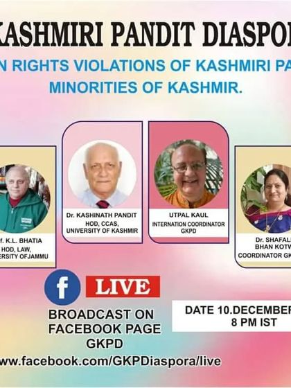 A poster for a webinar on the human rights violations of Kashmiri Pandits, organized by the Global Kashmiri Pandit Diaspora, where I was a panelist.