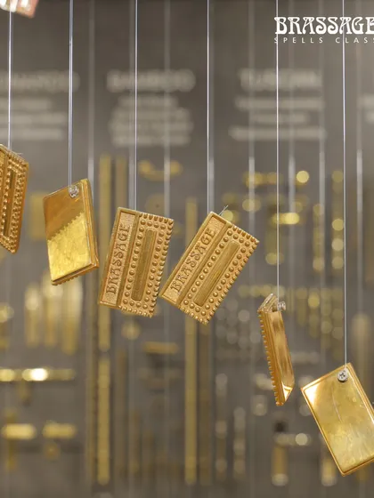 A creative installation at my IndiaWood stall, featuring floating brass finish samples. This artistic display was designed to catch the eye and draw attention to the quality and substance of the solid brass I use in all my products.