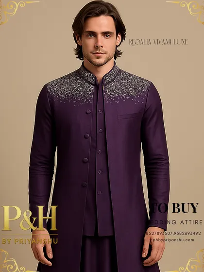 A portrait view of the purple layered suit, highlighting how the embroidered collar frames the face and creates a powerful, regal look.