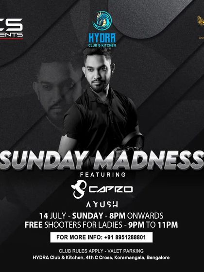 The flyer for 'Sunday Madness' at Hydra Club & Kitchen, featuring free shooters for ladies.