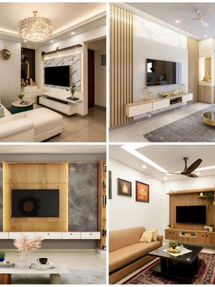 A collage showing four different styles of TV units I have designed, from minimalist to comprehensive storage walls, demonstrating my versatility.