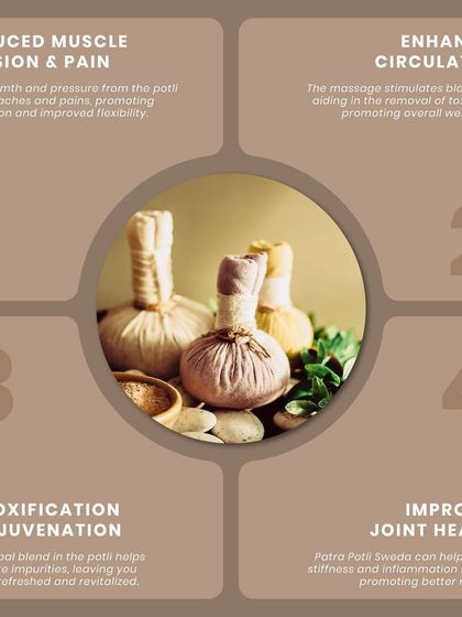 The benefits of Patra Potli Sweda are four-fold. It reduces muscle tension, enhances circulation, aids in detoxification, and improves joint health, making it a comprehensive therapy for pain and rejuvenation.