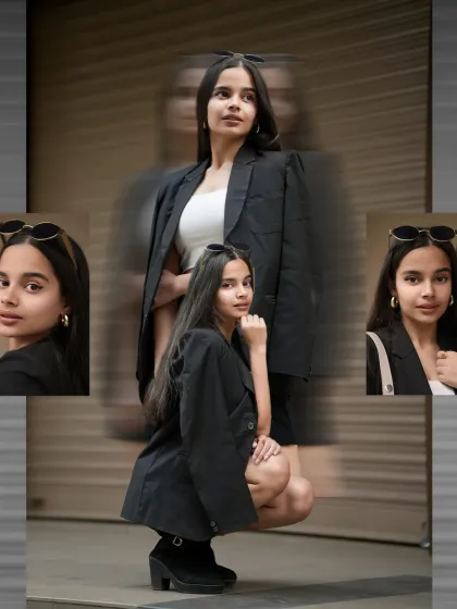 An artistic shot with a motion blur effect, creating a dynamic and layered portrait that highlights different expressions.