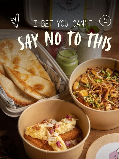 A complete North Indian meal packed to go, featuring a rich curry, fluffy naan, and a decadent Shahi Tukda for dessert.