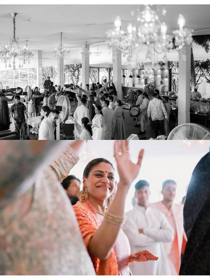 A diptych capturing the lively atmosphere of a pre-wedding event. The black and white wide shot shows the crowd, while the color shot focuses on a guest's happy expression.