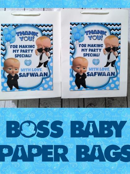 These Boss Baby themed paper bags are perfect for a first birthday or any "boss" celebration. This order of 40 bags was sent to Dhampur, UP.
