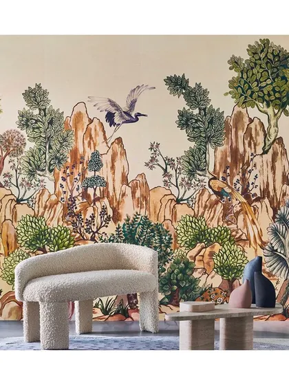 Our collection includes panoramic wallcoverings inspired by global landscapes. This design, evoking the scenic Halong Bay in Vietnam, is delicately woven on a sisal base and applied to a metal foil, creating a serene and artistic statement.