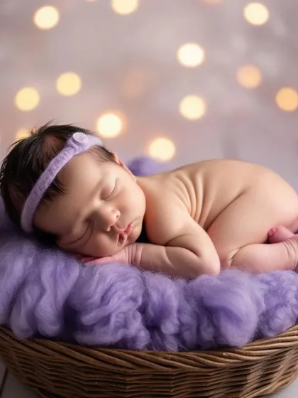 A classic newborn portrait, with the baby sleeping soundly in a basket on a soft purple wrap. The beautiful bokeh lights in the background add a touch of magic to this peaceful scene.