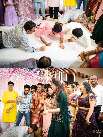 More fun and laughter from the engagement games. These photos capture the genuine joy and competitive spirit of the families celebrating together.