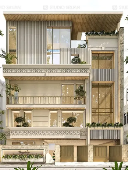 The front elevation of the Naraina Vihar home, showing the full composition. The design features a sloped roof element and a mix of beige stone and wood, creating a warm and inviting facade.