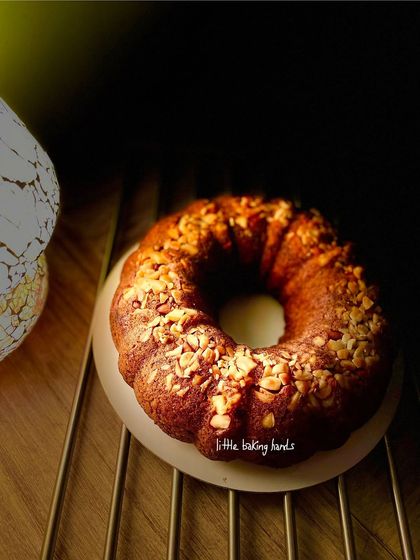 A dramatic shot of the banana cinnamon nuts bundt cake. It's a simple bake, but it always looks so impressive.