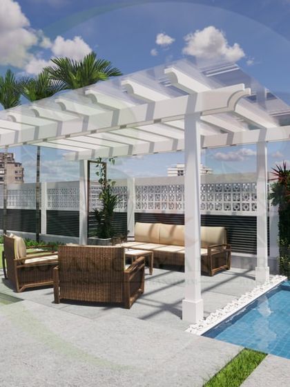 A close-up 3D view of a poolside pergola. The white vinyl structure provides a classic and elegant look, offering a shaded spot to relax by the water.