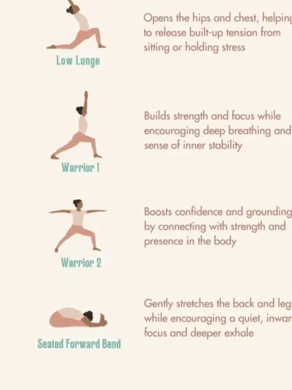 Poses like Low Lunge and Warrior 1 & 2 are part of my stress-relief sequence. They help release tension from the hips and build a sense of inner stability.