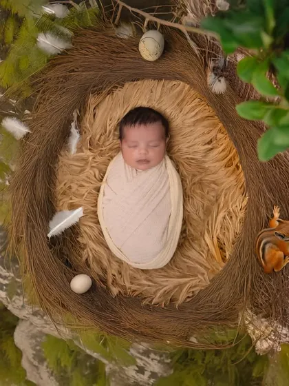 We create art with your little one as the masterpiece. This newborn is nestled safely in a rustic bird's nest prop, showcasing our nature-inspired theme that results in breathtaking, timeless portraits.
