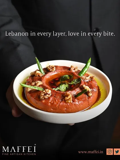 We present to you our Muhammara, a rich and smoky dip made from roasted red peppers and walnuts. It’s a staple of Lebanese cuisine, offering a perfect balance of sweet, savory, and tangy notes.