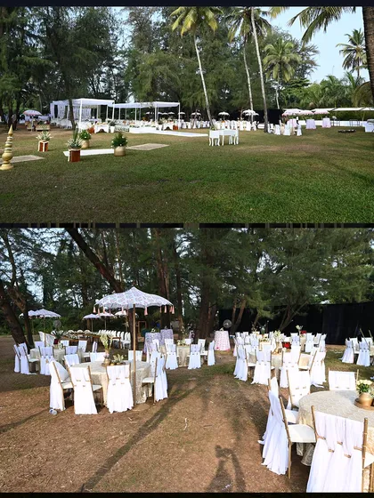The wedding ceremony setup at ITC Goa was an all-white paradise. The sprawling green lawns were adorned with elegant white seating and umbrellas, creating a clean and sophisticated look.
