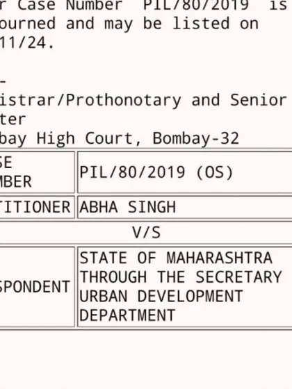 The official case listing for our PIL on fire safety in the Bombay High Court (PIL/80/2019). This document represents the start of a long legal battle to compel the Maharashtra government to act and protect citizens from man-made disasters.