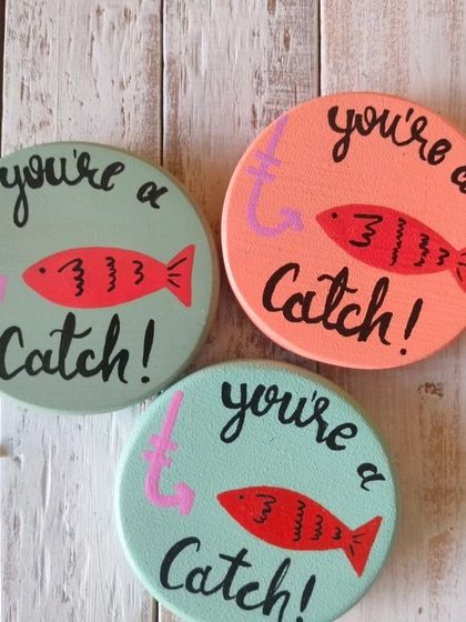 A duplicate of 86, a playful "You're a catch!" magnet, perfect for the one who caught your heart. These come in a variety of fun, bright colors.