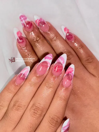 This close-up shows the detail of the hand-painted lips and the abstract background pattern, a perfect example of wearable art.