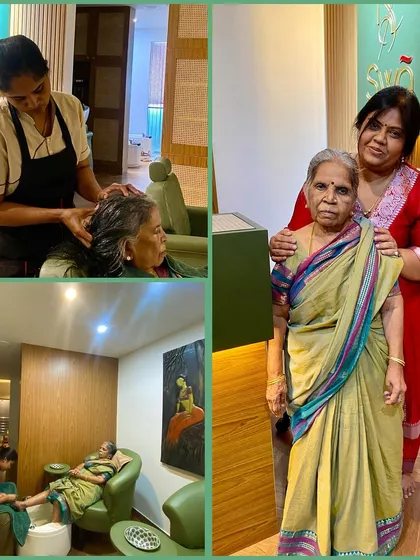 I have a special place in my heart for our senior clients. This collage shows the gentle, attentive care we provide, from a soothing head massage to a relaxing pedicure. It’s all about providing comfort, rejuvenation, and a little bit of pampering.