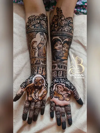 Celebrating the journey to motherhood is so special. For this seemantha, or baby shower, I designed a complete story on the hands, with portraits of the expecting parents, a depiction of Yashoda with little Krishna, and tiny baby footprints for blessings.