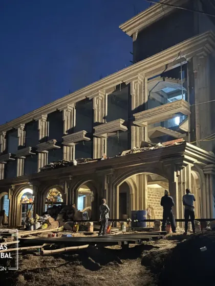 A view of a resort project during construction, where the architectural framework begins to take shape. This image captures the interplay of light and structure as our team works to transform the design vision into a tangible, grand-scale reality.