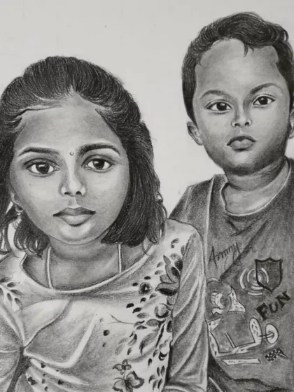 I love creating portraits that become cherished family memories. This custom pencil sketch of two siblings was commissioned as a special gift, capturing their innocent and gentle expressions.