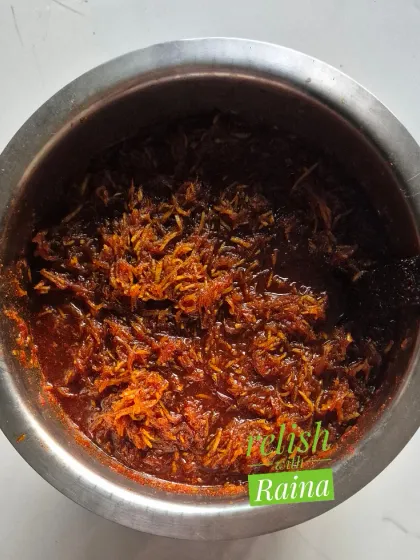 Here you can see the texture of my Kairi ka Chhunda made with jaggery. The grated raw mango is cooked in the sun until it becomes soft and blends perfectly with the melted jaggery and spices, creating a sweet, spicy, and tangy flavour.