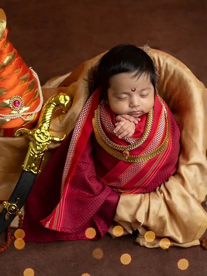 This wider shot shows the full royal setup, including a Peshwai turban (pheta), a trishul, and a damaru, blending elements of Shivaji Maharaj and Shaivism into one powerful image.