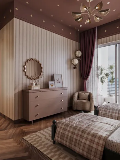 This angle reveals a charming corner of the shared bedroom, featuring a mauve dresser with delicate hardware and a scalloped mirror. The deep, rich color of the ceiling and curtains adds a sense of coziness and enclosure.