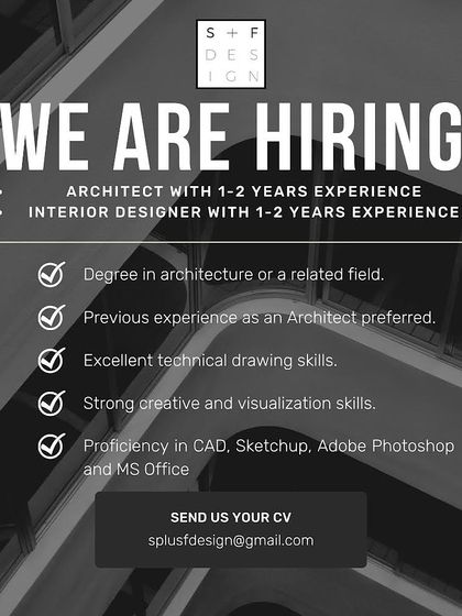 S+F Design in Mumbai is hiring an architect with 1-2 years of experience, listing excellent technical drawing skills as a key requirement.