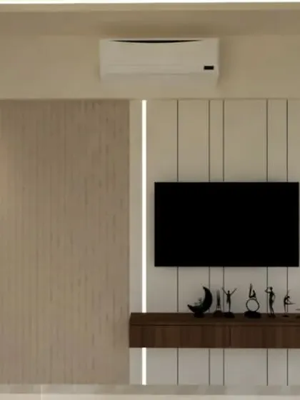 A TV unit concept for the same bedroom, featuring clean lines and integrated lighting.