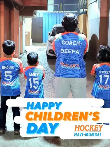 Celebrating Children's Day with the future of our club. Coach Deepa stands with some of our youngest players, who are the heart of Hockey Navi Mumbai.