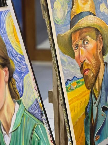 A beautiful shot of two completed oil pastel paintings, showing both a Van Gogh self-portrait and a female portrait against a "Starry Night" background.