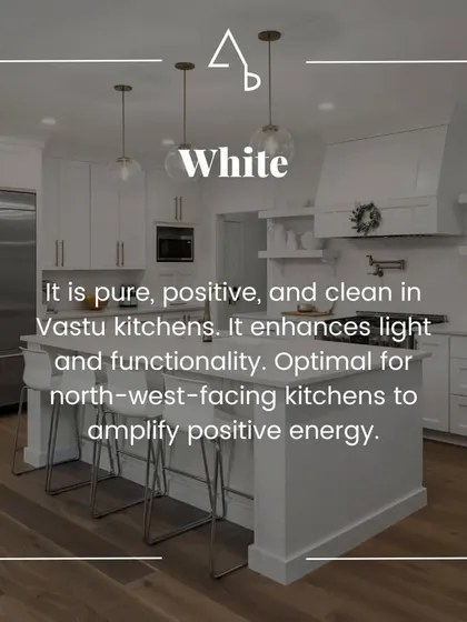 White is a pure, positive, and clean choice for Vastu kitchens. It enhances light and is optimal for north-west facing kitchens to amplify positive energy.