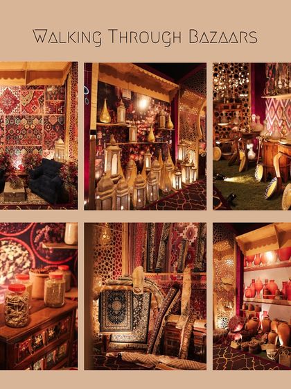 A mood board showcasing the different 'markets' we created for the walking bazaar: rugs, lamps, spices, pottery, and artifacts. This collage helped define the visual language for each distinct section.