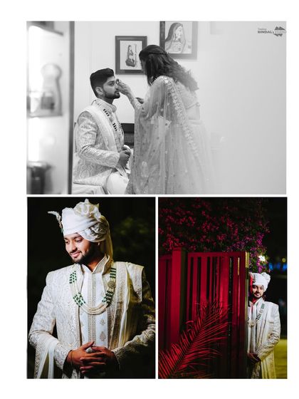 The groom's getting ready moments are just as important. This collage shows the final touches, from a sister's blessing to a stylish portrait against a vibrant red gate.