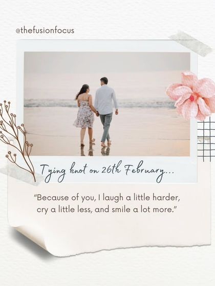 A beautifully designed graphic announcing the couple's wedding date. Using a photo from their beach pre-wedding shoot, this is a stylish and personal way to share their big news with friends and family.