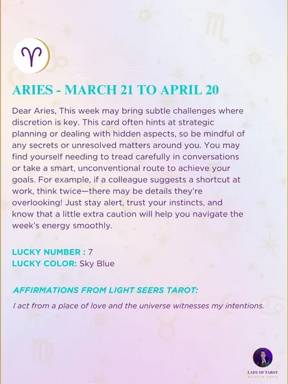 A weekly tarot forecast for Aries. This week may bring subtle challenges where discretion is key. Be mindful of any secrets or unresolved matters around you, and trust your instincts to navigate the week's energy smoothly.
