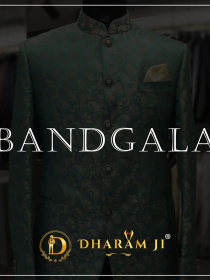 A promotional graphic simply titled "BANDGALA," featuring a dark green brocade jacket to highlight this classic style.