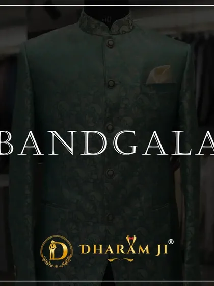 A marketing graphic for my bandhgala collection, featuring a dark green brocade jacket.
