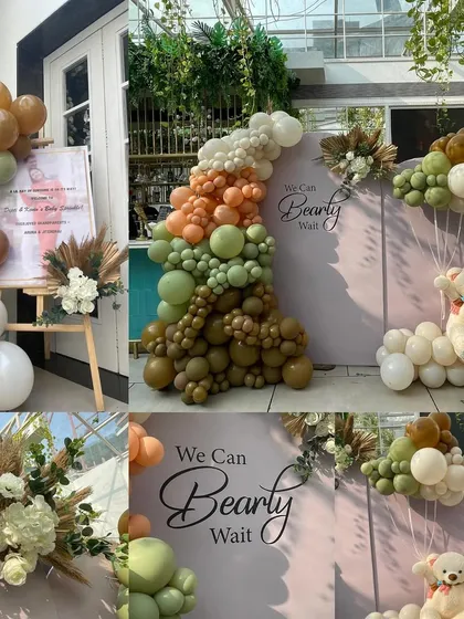 A collage showcasing our aesthetic 'We Can Bearly Wait' baby shower. This theme uses a beautiful earthy color palette of olive green, beige, and brown for a natural and calming vibe.