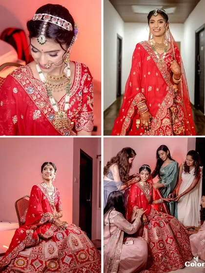 A collage of the bride getting ready, showing her in her magnificent red lehenga, surrounded by her bridesmaids.