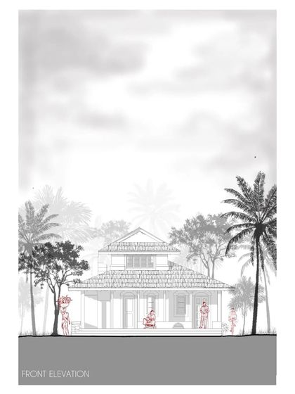 The front elevation drawing presents the main facade of the Doddaballapura mud house. The design is humble and approachable, with a welcoming veranda that is characteristic of traditional rural homes in Karnataka.