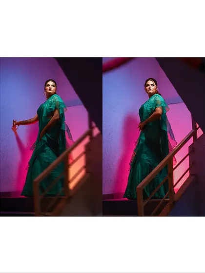 This diptych shows two similar poses from slightly different angles. It's a great way to show variation within a single look and is often used in lookbooks or editorial spreads to provide a more complete view of the subject.