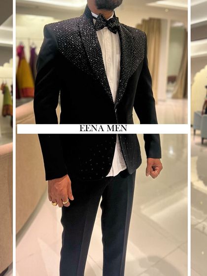 For the modern groom, I add a touch of bling to the classic black blazer. This piece features intricate crystal and bead embroidery across the lapels and shoulders, perfect for a standout reception look.