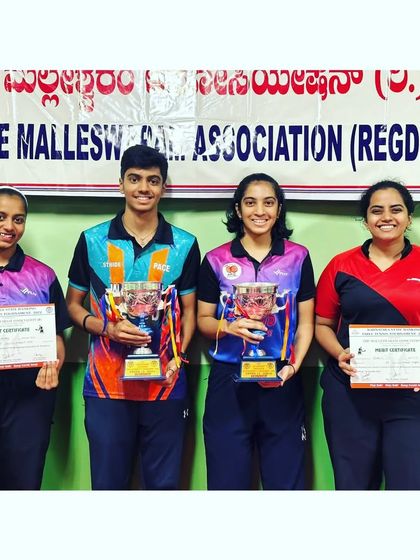 Our top performers from the State Ranking Tournament at Malleswaram Association, showcasing their trophies and certificates.