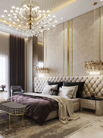 Exploring a grand master bedroom from multiple angles, this series showcases ornate details, including hand-painted wallpaper, crystal chandeliers, and classic furniture, all rendered to convey a sense of regal luxury.