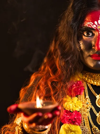 Another powerful shot of the Mahakali makeup, with the focus on the goddess's expressive eyes.