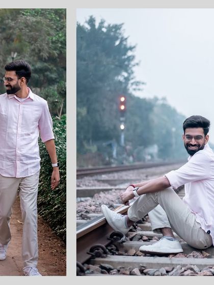 More moments from the same shoot, showing the couple walking together and sharing a quiet moment on the railway tracks, symbolizing their journey ahead.